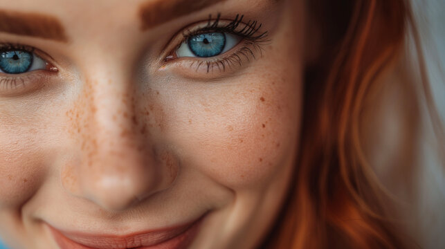 Um close-up de uma mulher com sardas