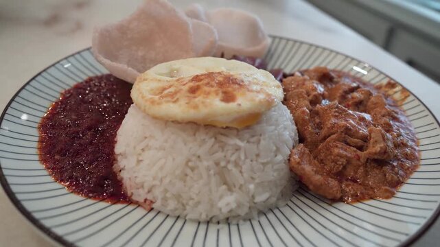 Nasi lemak with curry pork, fried peanut, fried anchovies, sambal and fried egg.