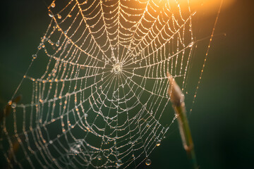 Delicate spiderweb adorned with glistening water droplets illuminated by the morning sunlight