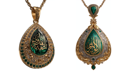 Middle Eastern pendant with calligraphy and emerald design isolated on transparent background