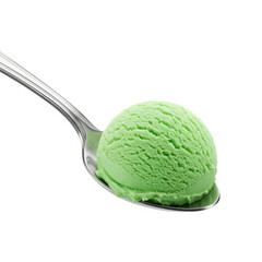 Elegant silver spoon holding a generous scoop of vibrant green ice, perfect for dessert and culinary presentations isolated on white or transparent background. PNG