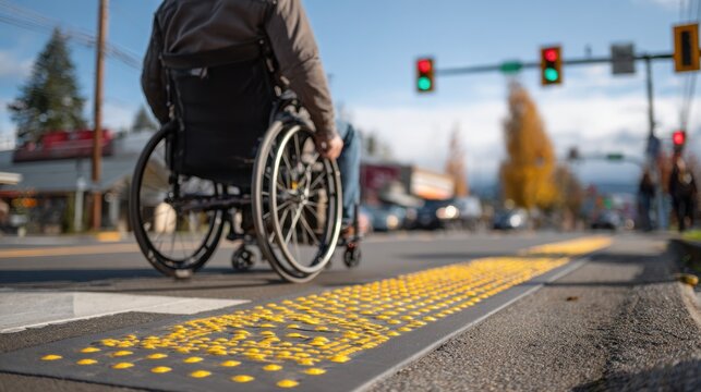 Medium shot featuring a wheelchair user approaching a tactile crosswalk with smart traffic signals blurred in the background showcasing accessible pedestrian infrastructure.