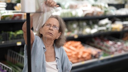 An elderly senior woman is carefully selecting groceries while shopping in a grocery store filled with various fresh foods, showcasing her attention to detail.