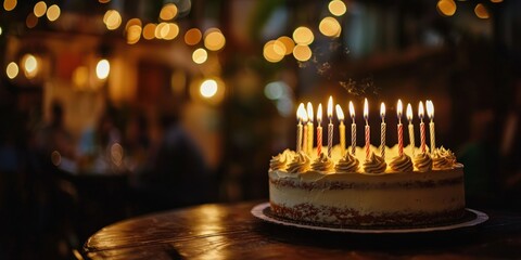 A birthday party in a dimly lit room, with candles glowing on a cake