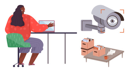 Woman typing on a laptop at a desk, security camera in focus, files organized in boxes on a table. Ideal for workplace safety, productivity, privacy, security, documentation, tech monitoring data