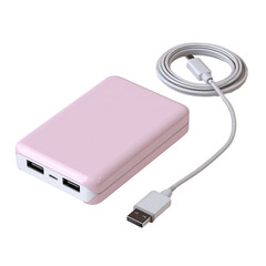 Fototapeta premium Pink power bank with USB ports and cable isolated on a transparent background