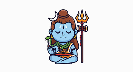 Cute chibi cartoon Lord Shiva meditating in lotus pose, holding Trishul, Damaru, and snake, Hindu god.