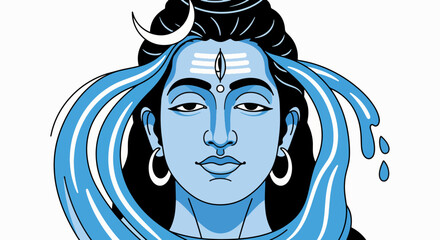 Close-up of Lord Shiva's serene face with third eye and the sacred Ganga river flowing from his matted hair.