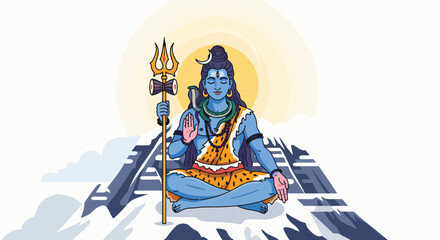 Lord Shiva meditating peacefully on a snow-capped mountain peak under the sun, a symbol of divine tranquility.