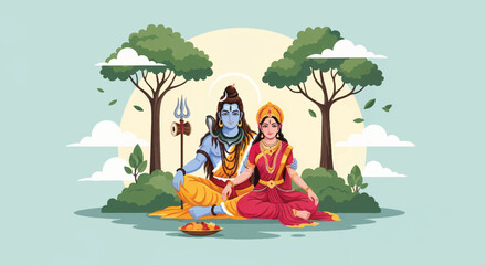 Lord Shiva and Goddess Parvati sitting together in a serene natural landscape, divine couple illustration.