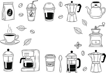 Collection of hand drawn coffee making equipment and drinks with inspirational text on a white background
