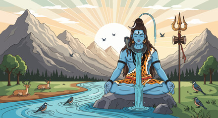 Lord Shiva meditating by a flowing river in a beautiful pixel art mountainous landscape with deer and birds.