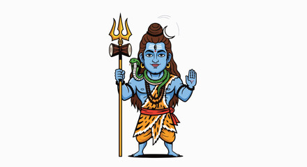 Cute chibi cartoon Lord Shiva standing, holding Trishul, Damaru, and snake, Hindu deity.