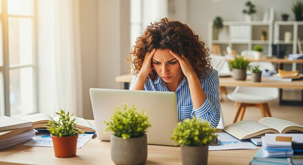 Stressed young professional woman working from home on laptop struggling with deadline pressure and feeling overwhelmed and facing burnout today