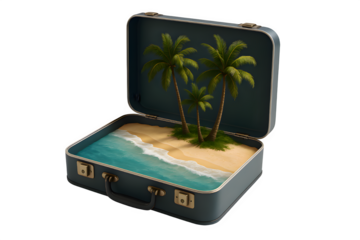 Open Suitcase Containing Miniature Tropical Island PNG