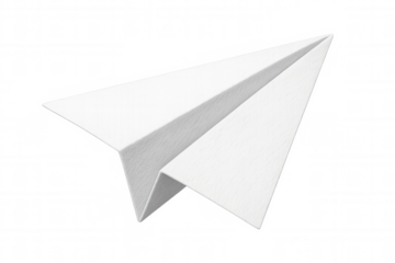 White paper airplane flying against a transparent background, symbolizing creativity and simplicity in design and communication