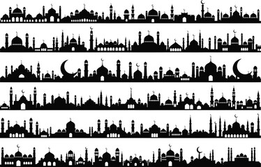 Obraz premium Collection of islamic city skylines featuring mosques minarets domes and crescent moons in black silhouette