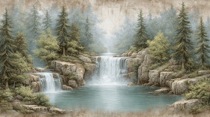Peaceful Waterfall Landscape Painting with Lush Greenery