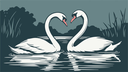 Fototapeta premium Two Swans in Love on a Still Water Pond.