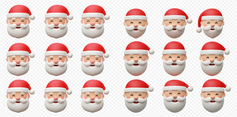 A grid of identical 3D rendered Santa Claus heads with red hats and white beards on a transparent background.
