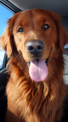 Obraz premium Close-Up Portrait of a Happy Golden Retriever Dog with Tongue Out Sitting in a Car