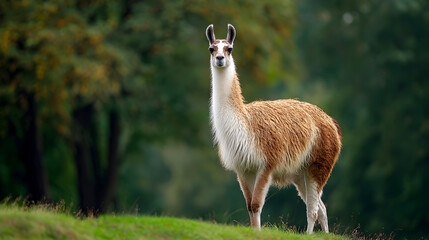 Lone Llama Standing Gracefully on Green Grass Surrounded by Lush Trees and Foliage
