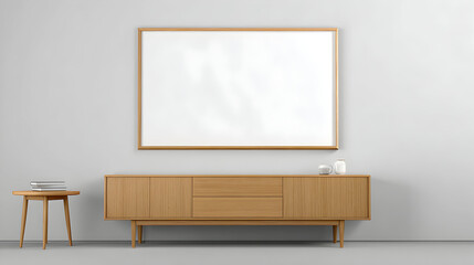 Minimalist Interior Design Featuring Light Wood Sideboard and Blank Frame on Soft Gray Wall
