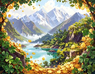 A picturesque landscape framed by a heart-shaped archway overflowing with gold coins and vibrant clover leaves, showcasing a serene lake nestled amongst towering snow-capped mountains.