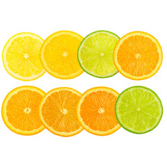 Obraz premium Eight citrus fruit slices arranged in two rows on transparent background 