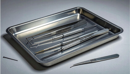 Specialized medical instruments for delicate procedures, including probes and tweezers, neatly arranged on a sterile metal tray