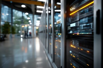 Close up of illuminated server racks in a modern data center hallway with reflective floors and glass walls showcasing advanced technology infrastructure