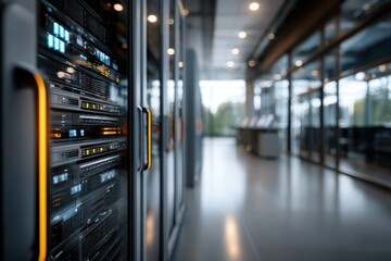 Modern data center interior with server racks and glowing indicator lights in a secure high tech facility corridor