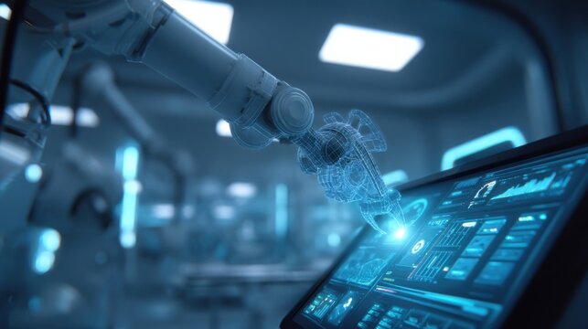 A cuttingedge robot arm manipulating a freshly printed optical component in a sterile manufacturing chamber with a glowing diagnostics screen displaying vital manufacturing metrics