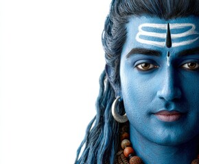 Close-up portrait of a person with vibrant blue face paint, evoking the deity Shiva, with intricate details and a solemn expression.