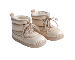 Neutral tone baby snow shoes with flexible insulated design on transparent background