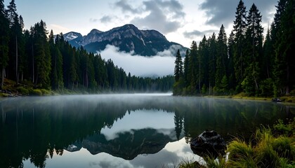 Serene mountain lake shrouded in morning mist, reflecting a tranquil sky, with a dense forest along the shore.