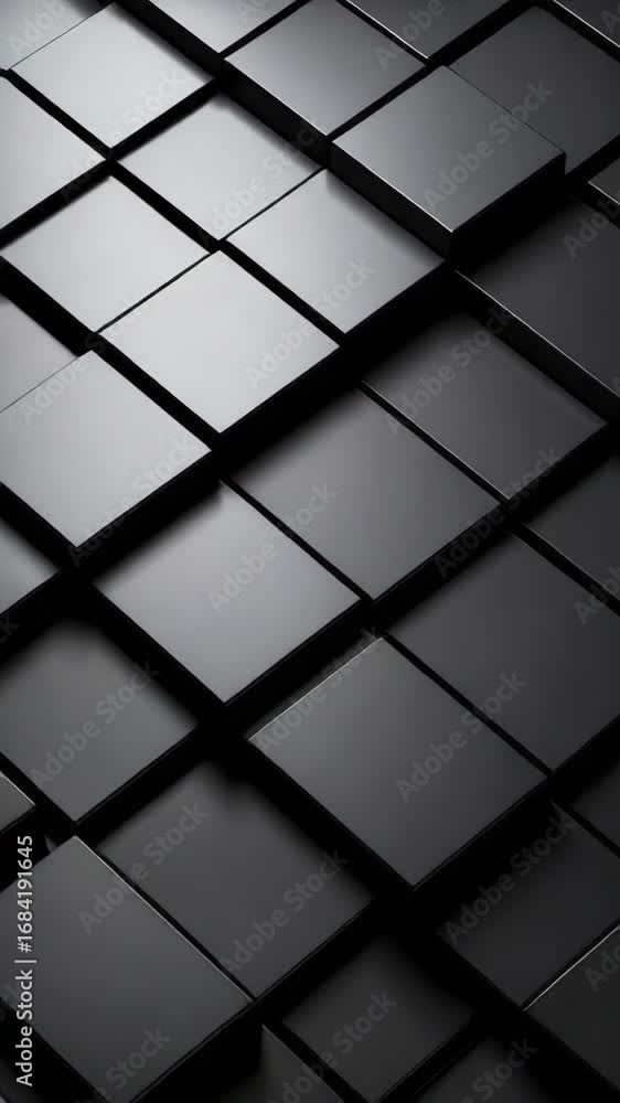 Poster angular pattern of dark gray metallic cubes forming an abstract geometric structure, technology surf
