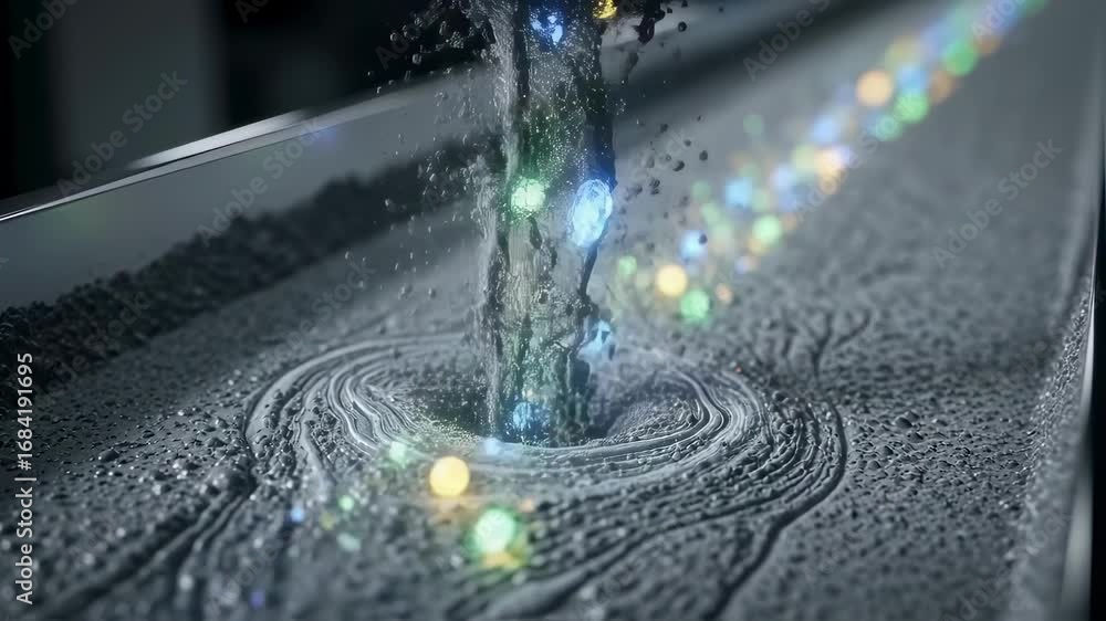 Aufkleber conceptual image showing dynamic interaction of microcapsules inside concrete mix during infusion on