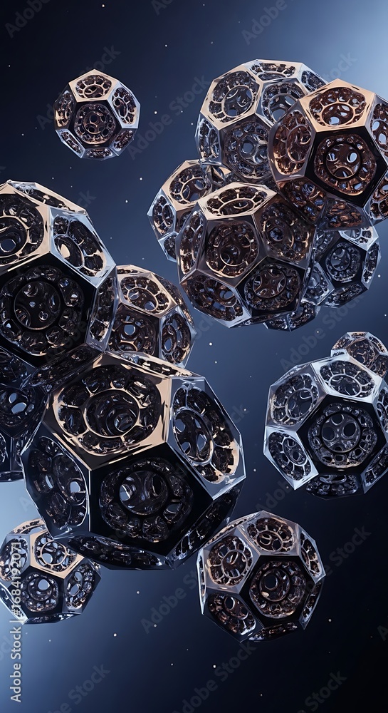 Poster abstract rendering with intricate dodecahedron spheres and metallic luster