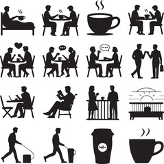 People Enjoying Coffee And Relaxing Silhouettes Vector Icons steam drink