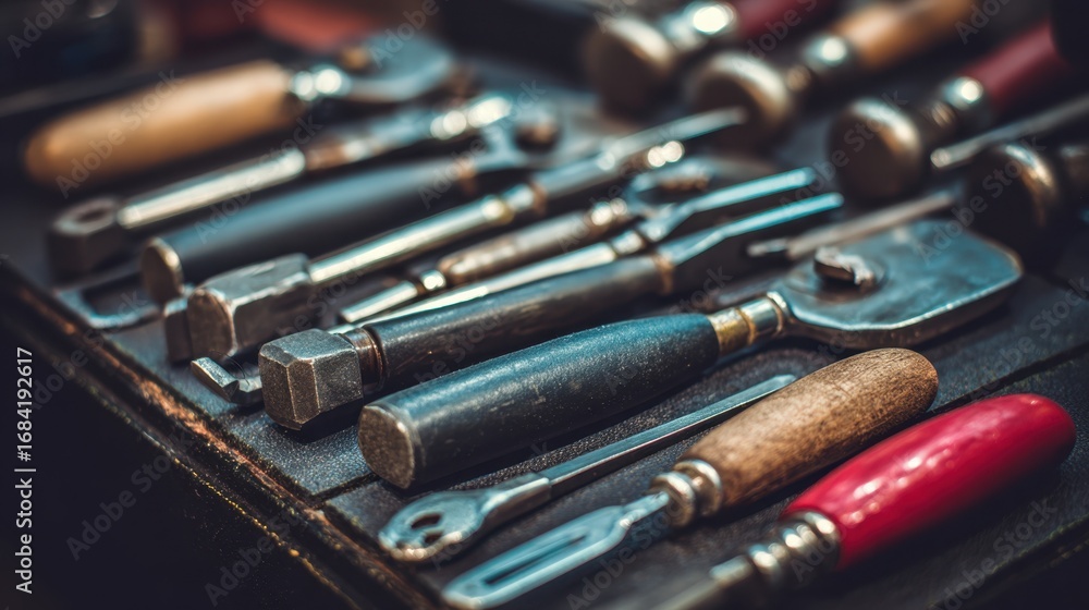 Aufkleber Closeup medium shot of 3D printing tools arranged neatly on a workbench focused on precision instruments while surroundings fade softly.