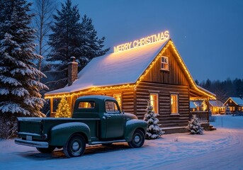 Winter Wonderland - Peaceful Christmas Night with a Red Pickup Truck