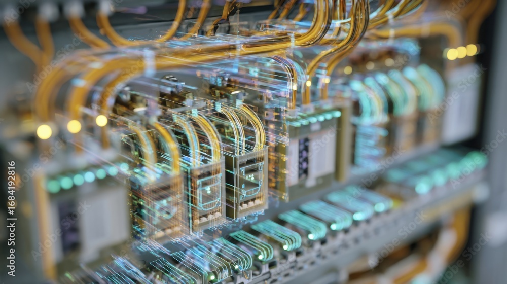 Poster detailed shot of interconnected cables and circuits on a control panel reflecting the complex networ
