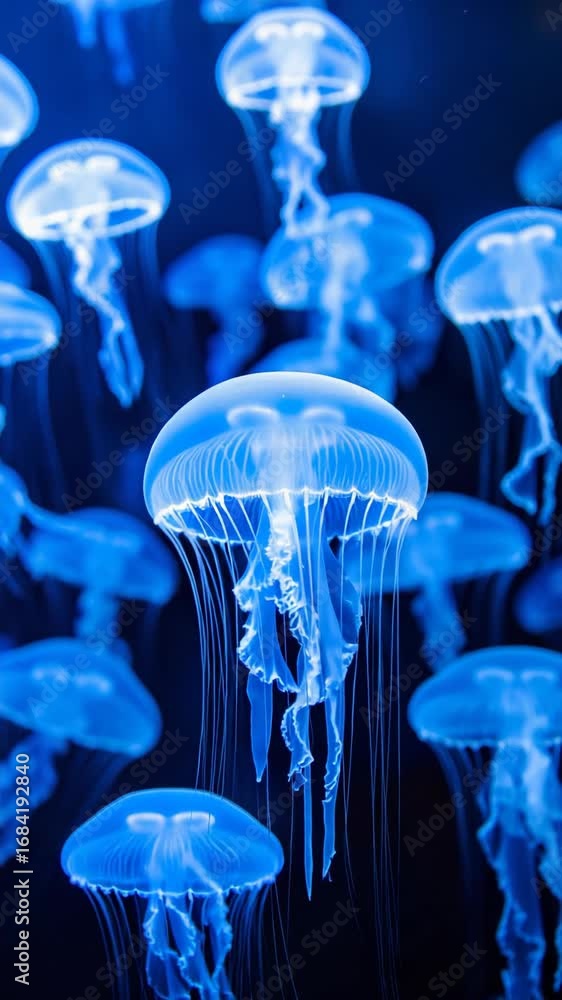 Poster illuminated jellyfish float gently in deep ocean water with neon blue color scheme, creating a peace