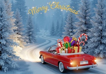 A Classic Car on a Magical Journey Through a Snowy Landscape
