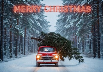 A Nostalgic Winter Scene of a Retro Truck Bringing Home the Christmas Tree