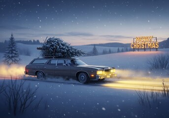 Merry Christmas - Vintage Car with Tree on Roof in a Snowy Landscape
