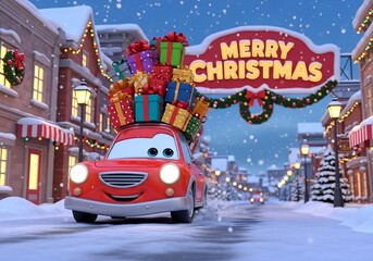 Merry Christmas - Festive Cartoon Car with a Pile of Gifts