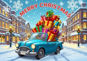 Merry Christmas - Festive Cartoon Car with a Pile of Gifts