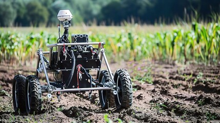 Soil detection robot with a compact gray and green body, moving across farmland or garden soil to analyze moisture, nutrient levels, and pH balance, equipped with soil-sampling probes and a digital di